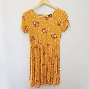 Forever 21 Yellow Floral Polka Dot Skater Dress